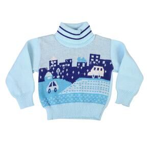 Vintage 80s Kids Exchange Light Blue Car City Graphic Turtleneck Sweater 12 M